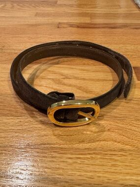 Talbots Brown Suede Belt with Gold Oval Buckle